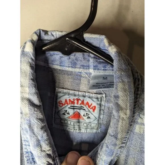 Santana Collection Mens Shirt Medium Long sleeve button Up Blue Gray Plaid VTG - Picture 2 of 4